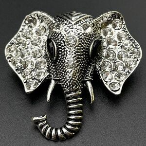 Silver with White Diamond and Black Onyx Crystal Elephant Pin Back Brooch